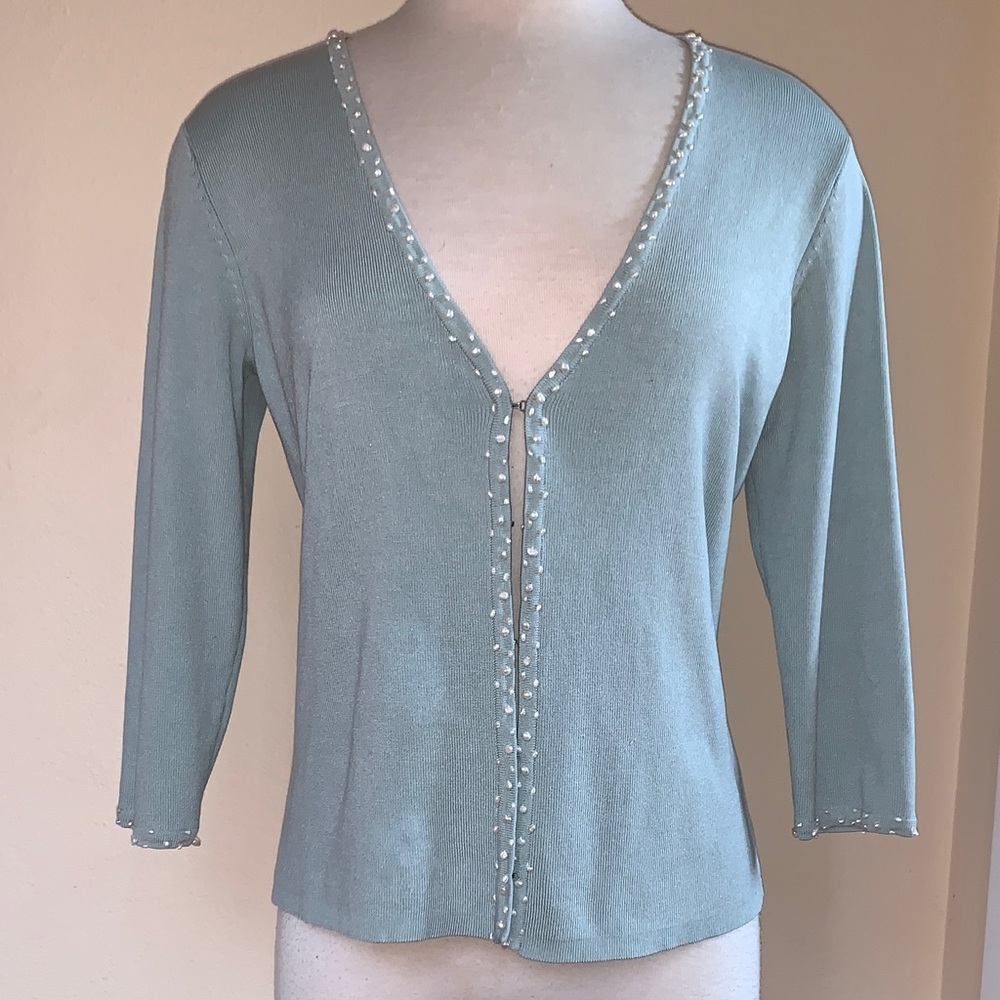 Silk and Real Pearls Light Sage Green Beaded V-Neck Cardigan